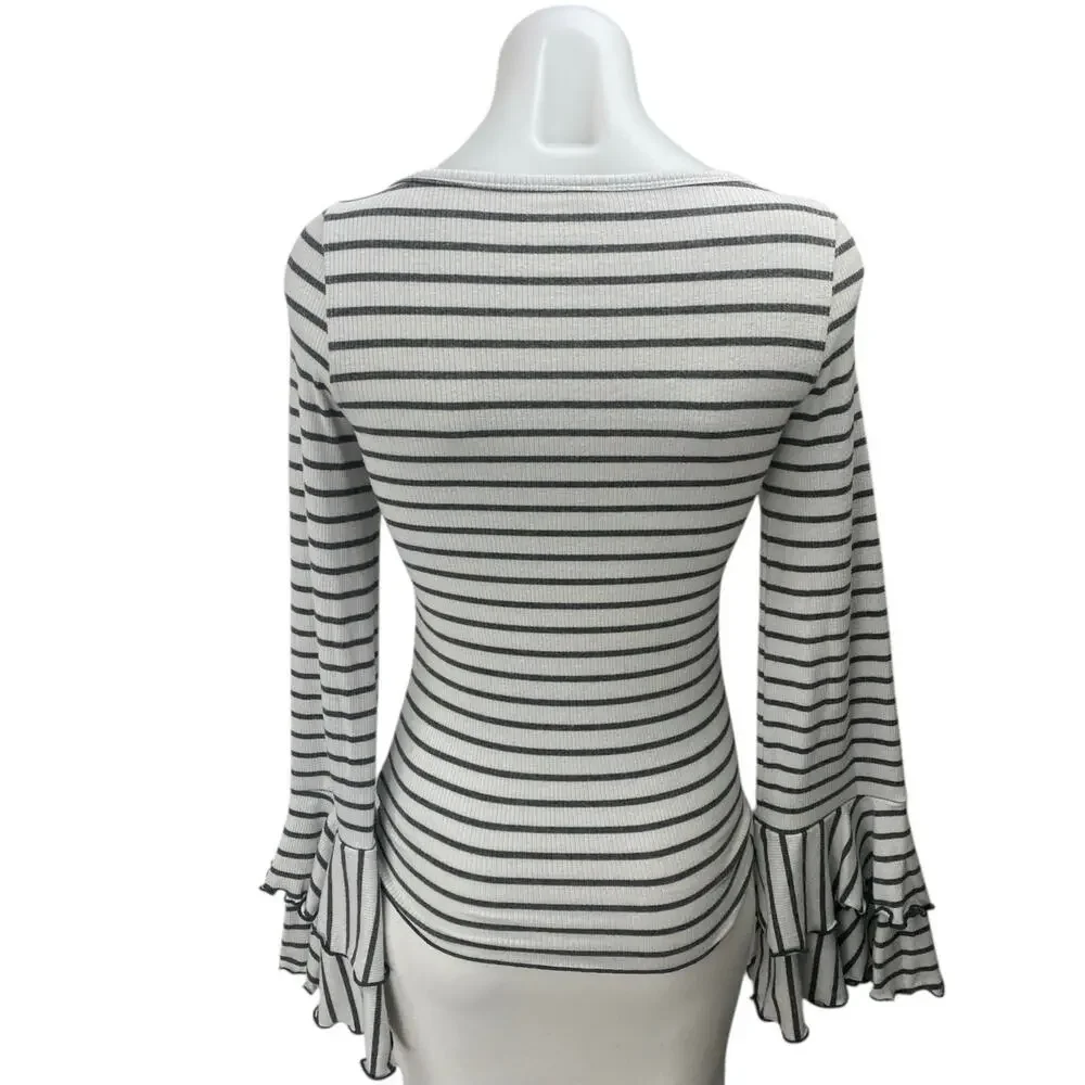 Free People Good Find White Black Striped Ruffle Long Bell Sleeve Sweater Top XS